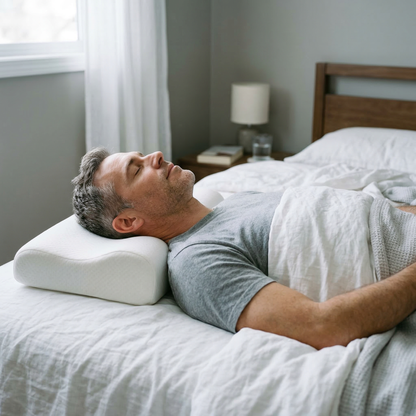 Woman sleeping on back using Walo Halo Ergo cervical pillow