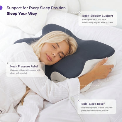 Woman side sleeping on the Walo Halo Ergo pillow with callouts for neck pressure relief, back-sleeper support and side-sleep shoulder relief