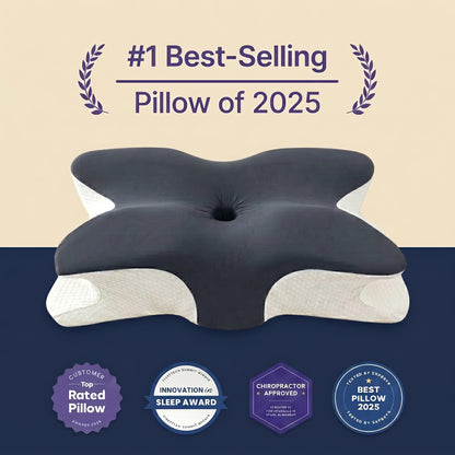 Walo Halo Ergo butterfly contour pillow in navy memory foam with white base, shown with sleep award and chiropractor-approved badges