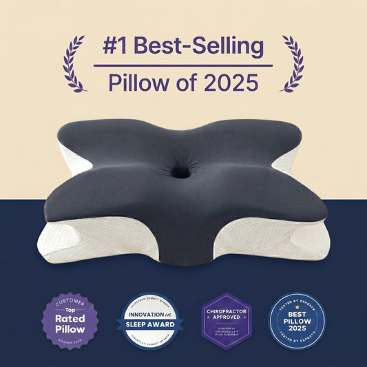Walo Halo Ergo butterfly contour pillow in navy memory foam with white base, shown with sleep award and chiropractor-approved badges