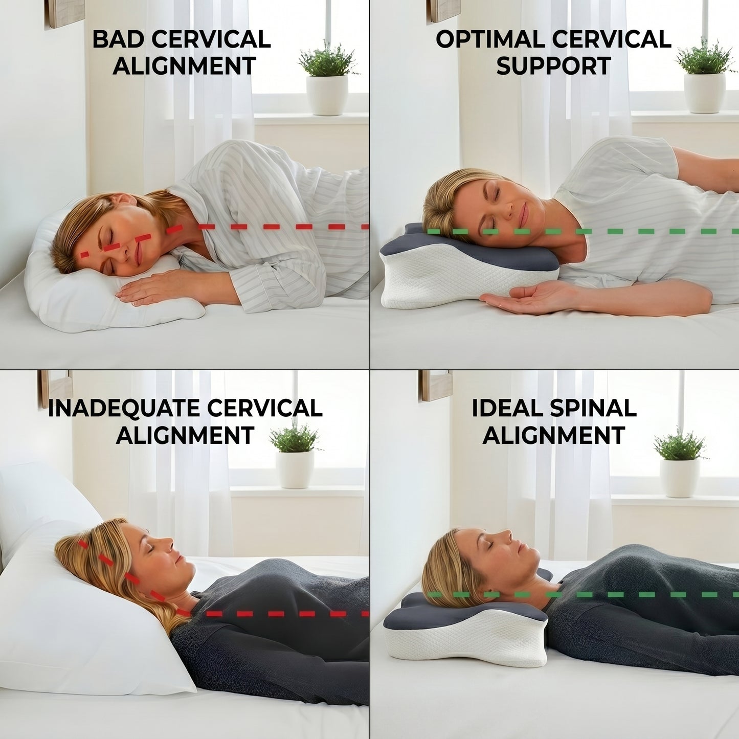 Four-panel comparison of cervical alignment on a flat pillow versus the Walo Halo Ergo contour pillow for side and back sleepers