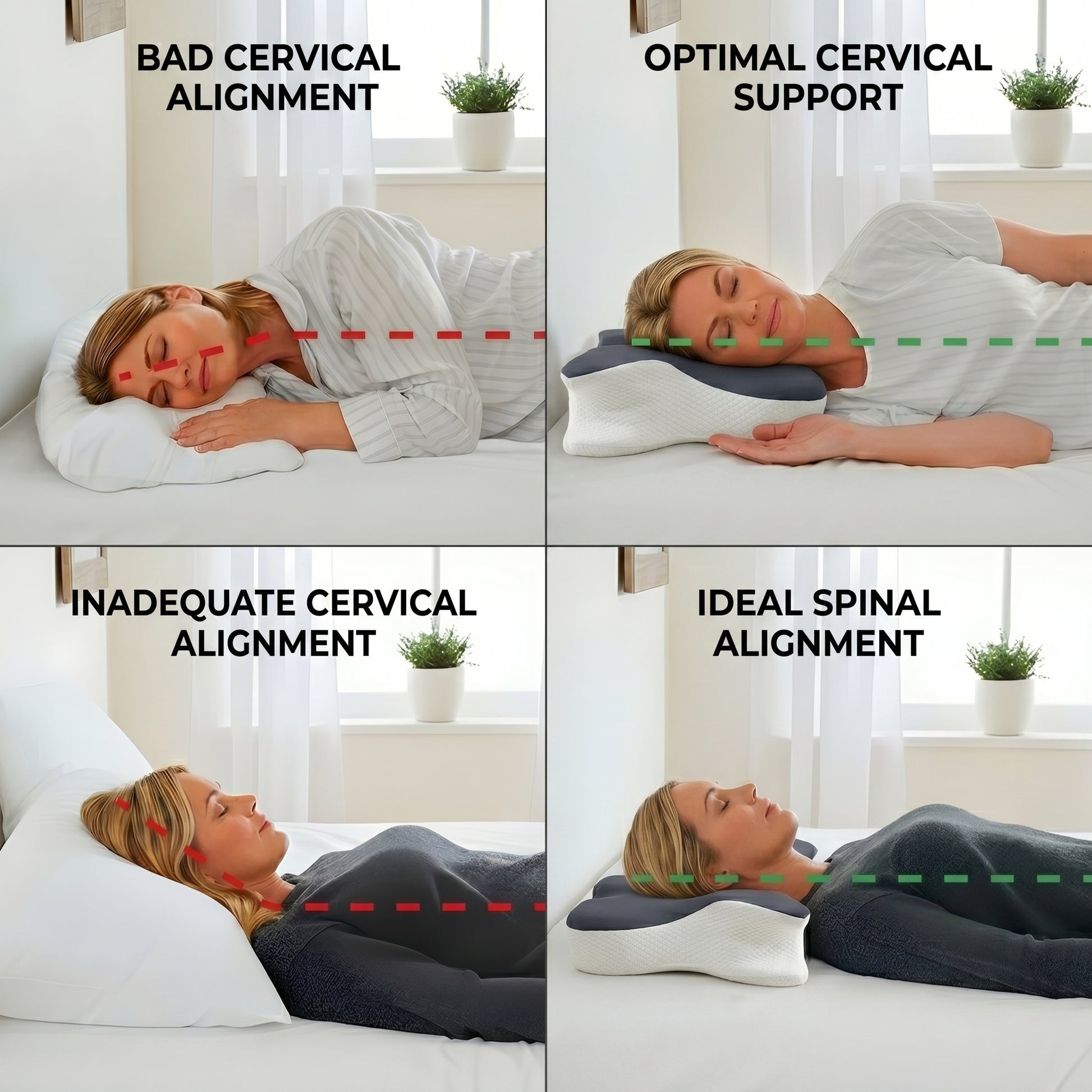 Four-panel comparison of cervical alignment on a flat pillow versus the Walo Halo Ergo contour pillow for side and back sleepers
