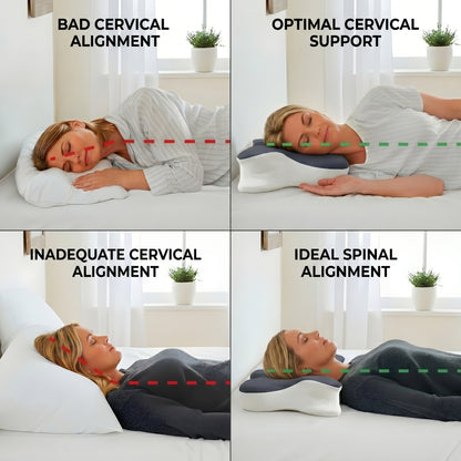 Four-panel comparison of cervical alignment on a flat pillow versus the Walo Halo Ergo contour pillow for side and back sleepers