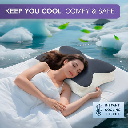Woman sleeping on the Walo Halo Ergo pillow with its cooling cover, illustrating the instant cooling effect