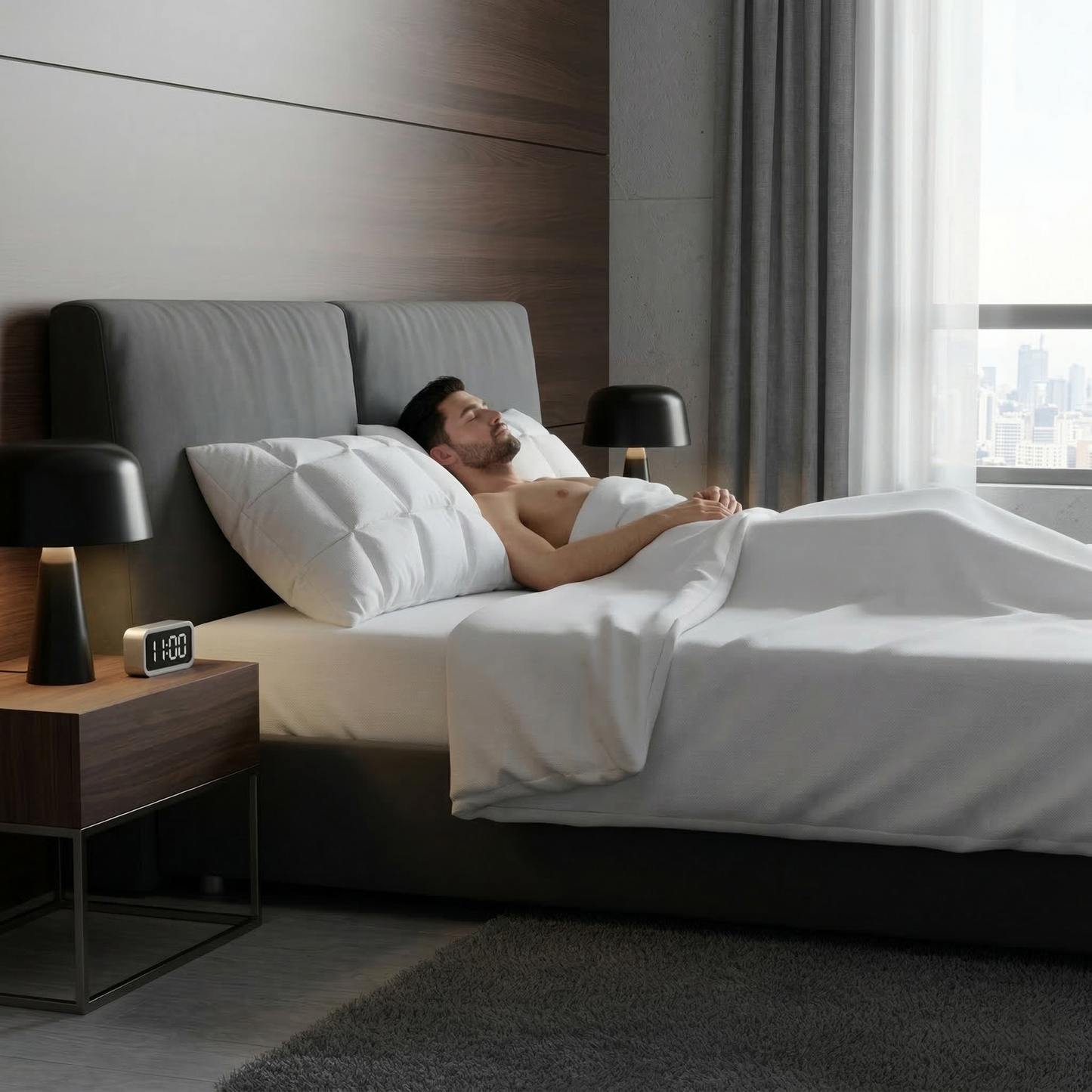 Man sleeping on Sleep Pillow, upscale modern bedroom
