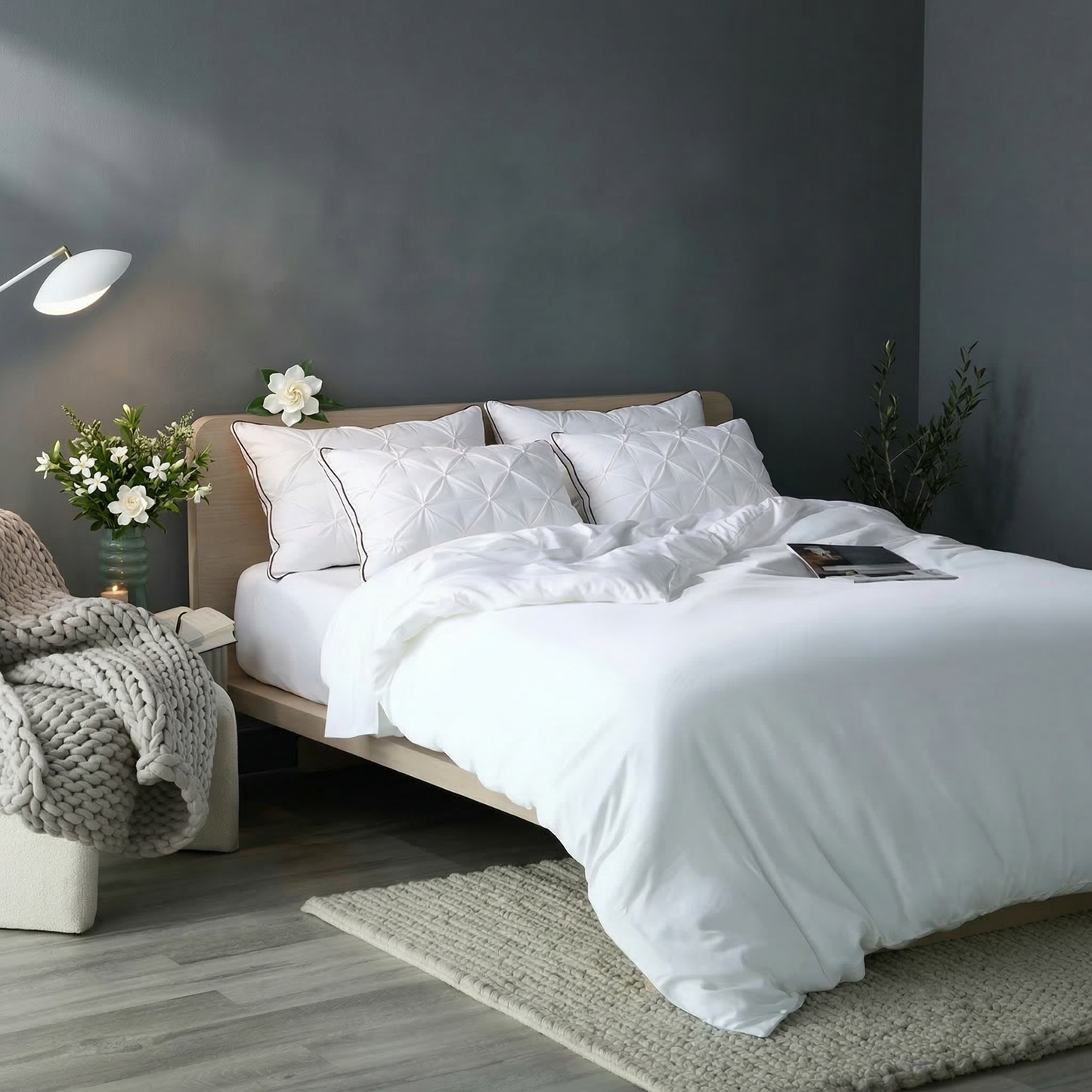 Sleep Pillow on bed, Nordic white bedroom aspirational