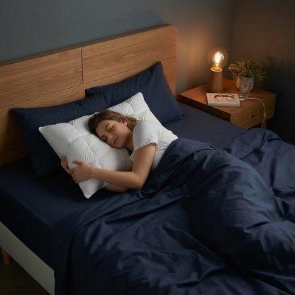 Woman sleeping peacefully on Sleep Pillow, navy bedding