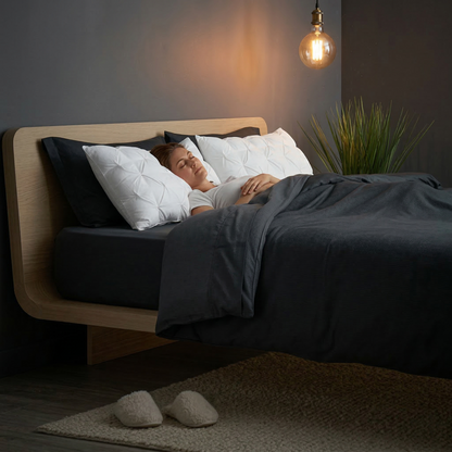 Woman sleeping on Sleep Pillow, charcoal bedding atmospheric