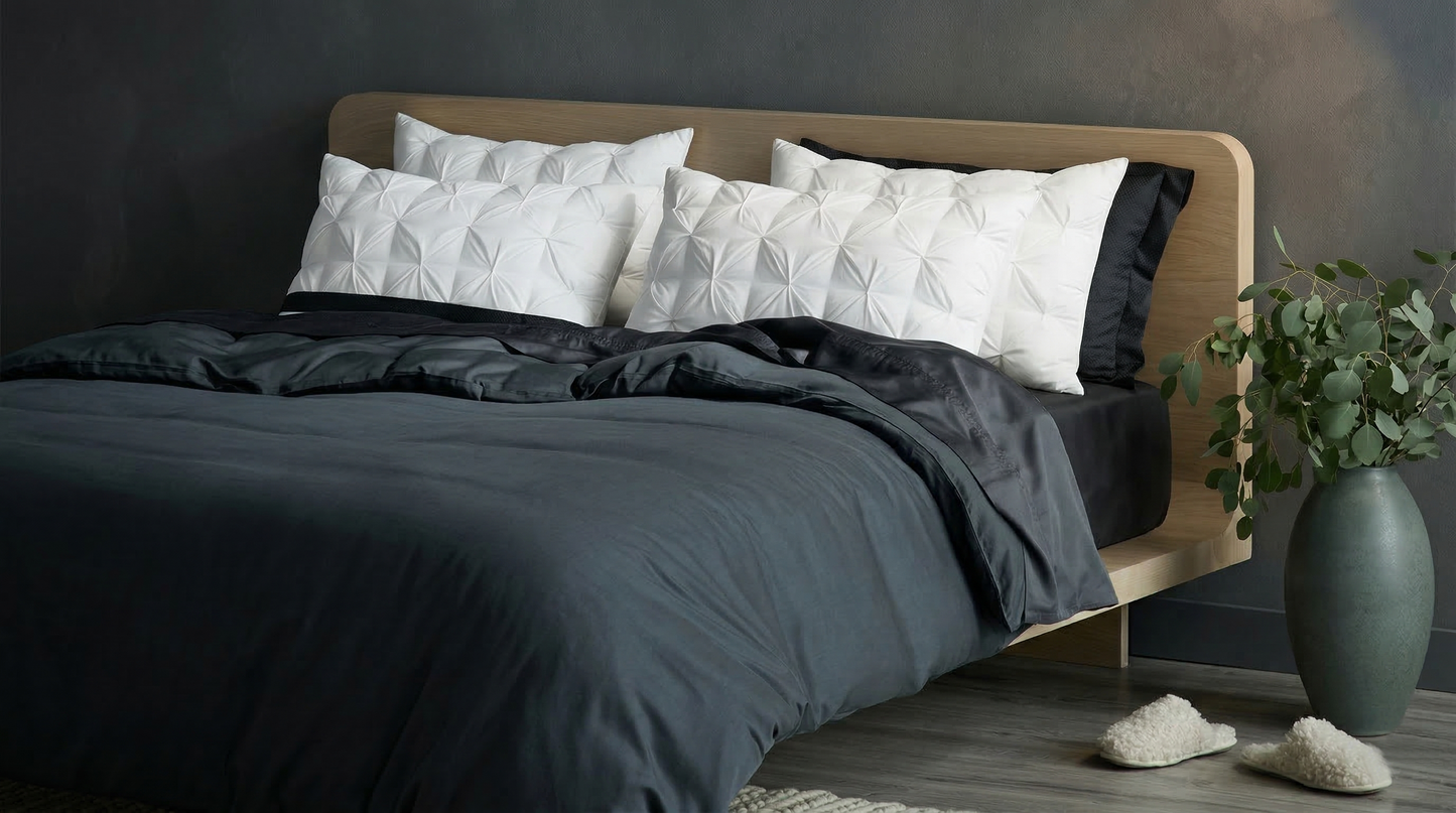 Sleep Pillow on bed, charcoal bedding wide bedroom scene