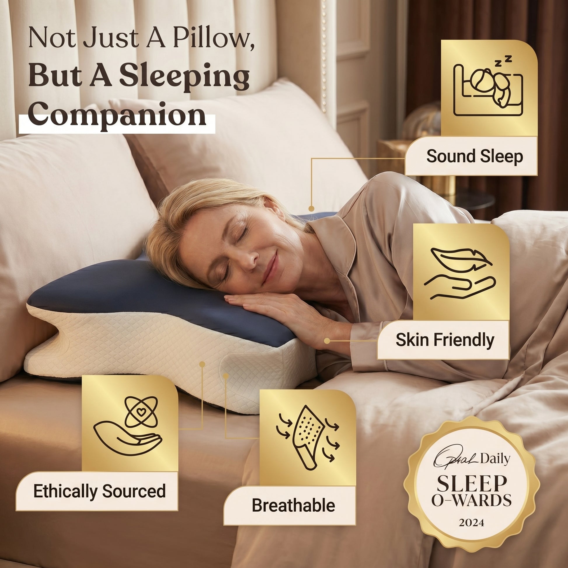 Woman sleeping comfortably on Walo Halo Ergo - sound sleep, skin friendly, breathable, ethically sourced - 2024 Sleep O-Wards winner